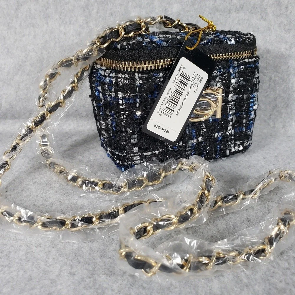bebe Womens Crossbody Kamala Mini Tweed SQ Crossbody OS Black Blue Sequin Vanity